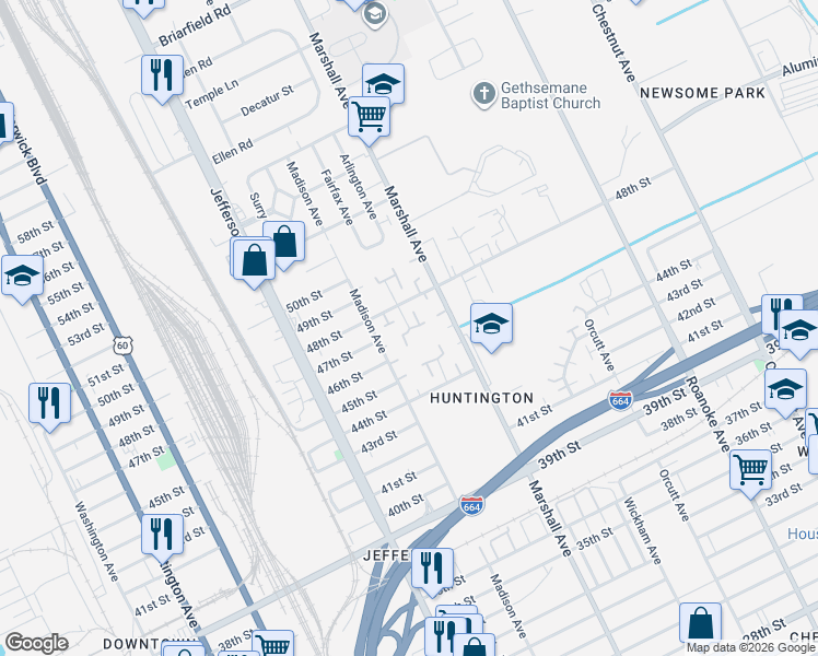 map of restaurants, bars, coffee shops, grocery stores, and more near 4511 Rochester Court in Newport News