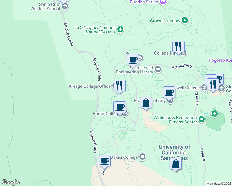 map of restaurants, bars, coffee shops, grocery stores, and more near 510 Porter-Kresge Road in Santa Cruz