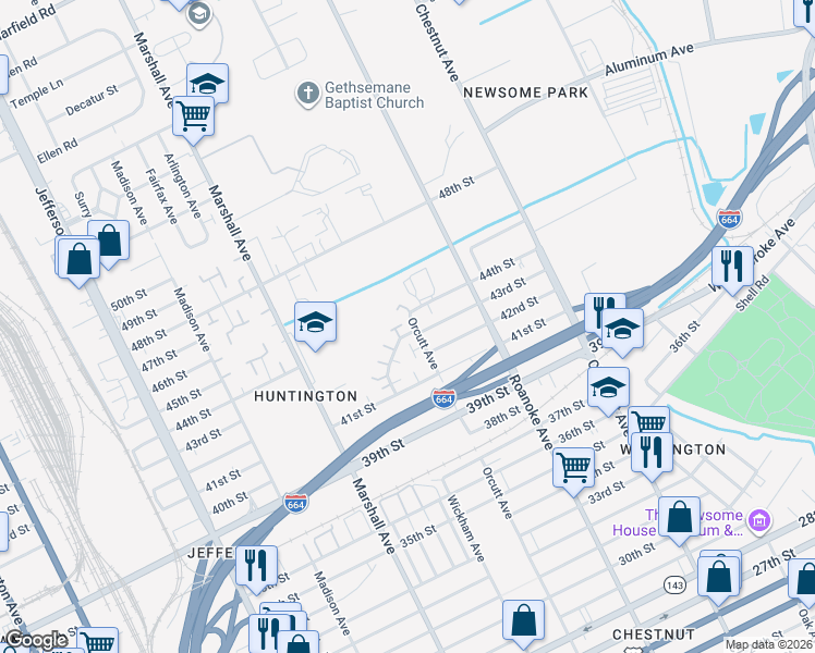 map of restaurants, bars, coffee shops, grocery stores, and more near 4547 Orcutt Avenue in Newport News
