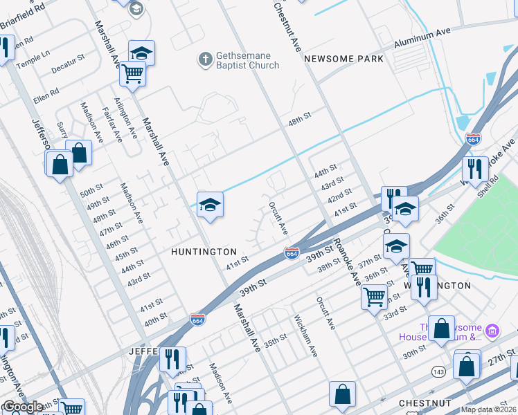 map of restaurants, bars, coffee shops, grocery stores, and more near 4547 Orcutt Avenue in Newport News