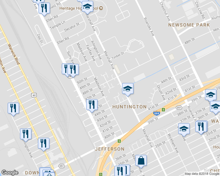map of restaurants, bars, coffee shops, grocery stores, and more near 4602 Rochester Court in Newport News