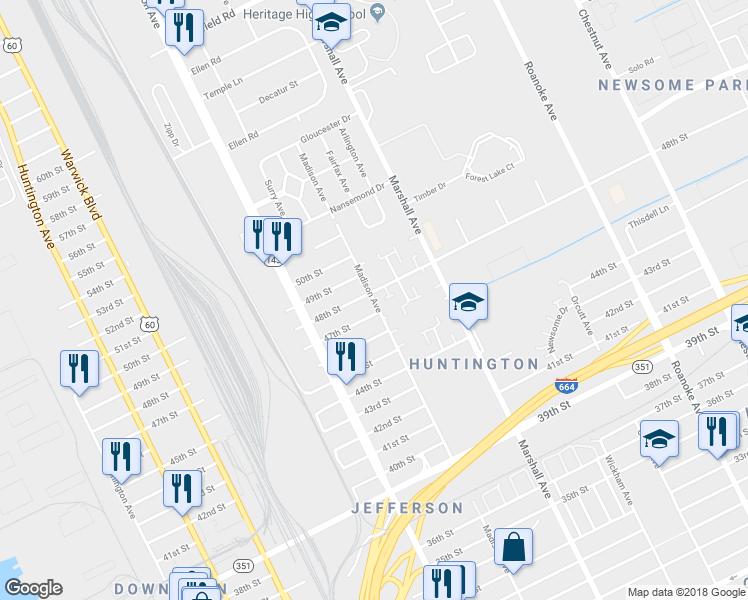 map of restaurants, bars, coffee shops, grocery stores, and more near 4726 Madison Avenue in Newport News