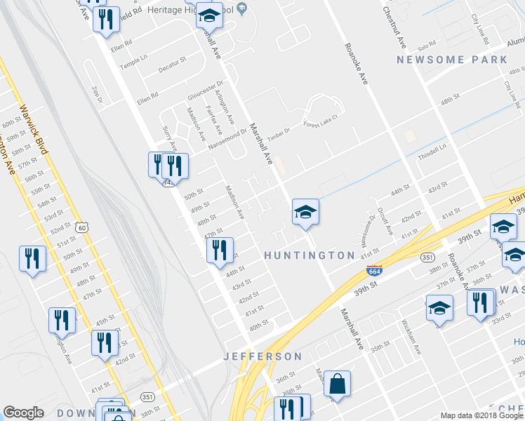 map of restaurants, bars, coffee shops, grocery stores, and more near 4521 Rochester Court in Newport News