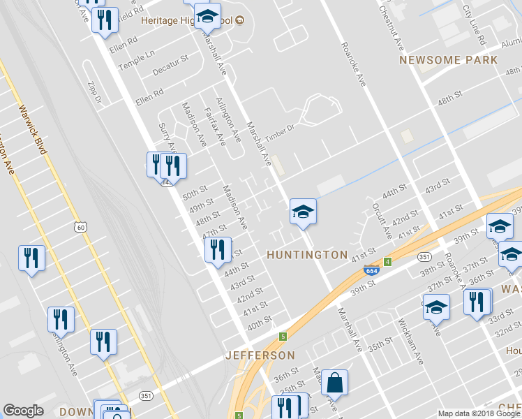 map of restaurants, bars, coffee shops, grocery stores, and more near 4610 Rochester Court in Newport News