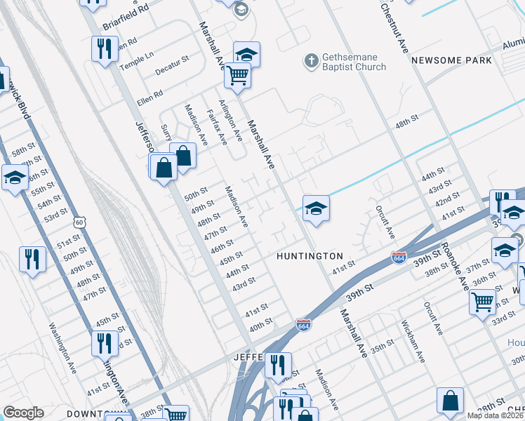 map of restaurants, bars, coffee shops, grocery stores, and more near 4616 Rochester Court in Newport News