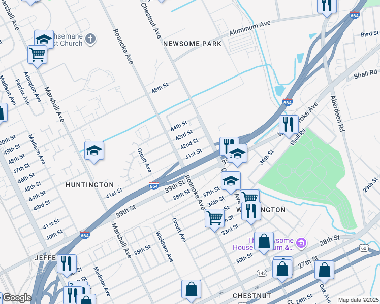 map of restaurants, bars, coffee shops, grocery stores, and more near 1125 41st Street in Newport News