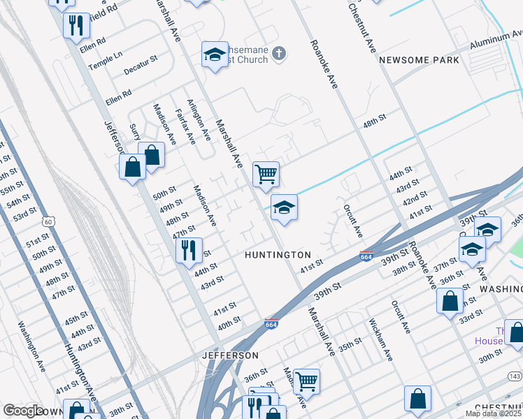map of restaurants, bars, coffee shops, grocery stores, and more near 4601 Marshall Avenue in Newport News