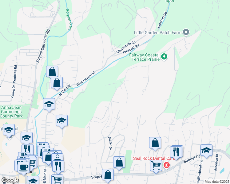 map of restaurants, bars, coffee shops, grocery stores, and more near 4101 Fairway Drive in Soquel
