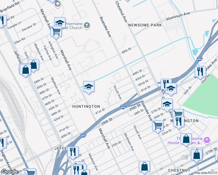 map of restaurants, bars, coffee shops, grocery stores, and more near 4547 Orcutt Avenue in Newport News