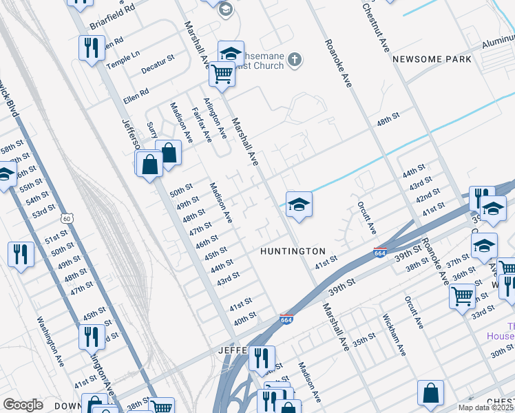 map of restaurants, bars, coffee shops, grocery stores, and more near 4801 Marshall Avenue in Newport News