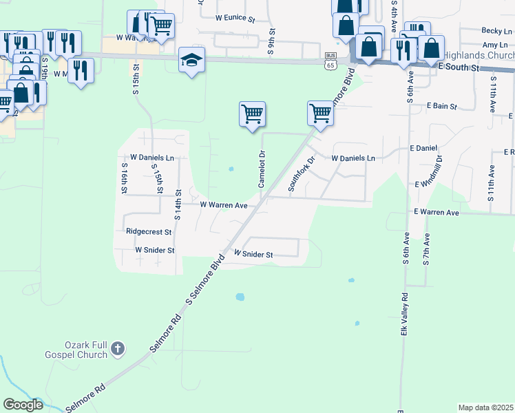 map of restaurants, bars, coffee shops, grocery stores, and more near 981 West Warren Avenue in Ozark