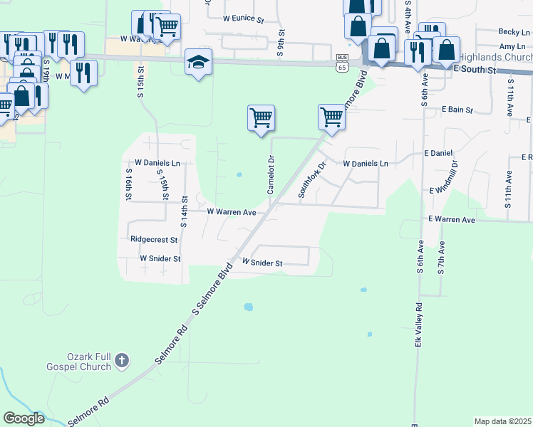 map of restaurants, bars, coffee shops, grocery stores, and more near 805 West Warren Avenue in Ozark