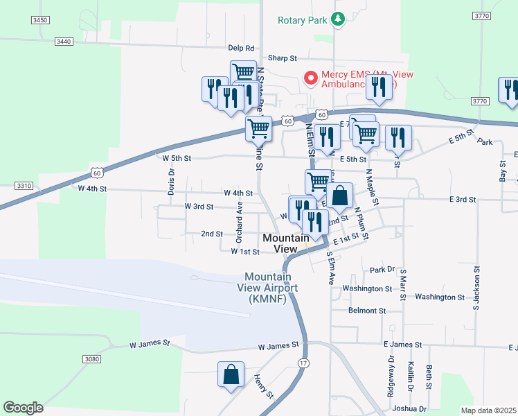 map of restaurants, bars, coffee shops, grocery stores, and more near 376-398 North Pine Street in Mountain View