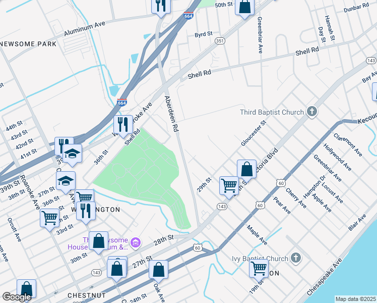 map of restaurants, bars, coffee shops, grocery stores, and more near 508 Pine Avenue in Newport News