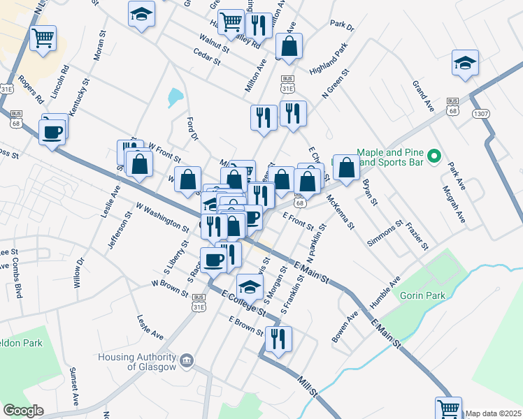 map of restaurants, bars, coffee shops, grocery stores, and more near 100 West Front Street in Glasgow