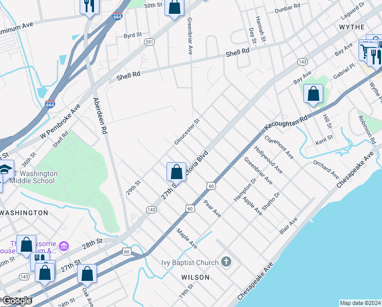 map of restaurants, bars, coffee shops, grocery stores, and more near 369 Hobson Avenue in Hampton