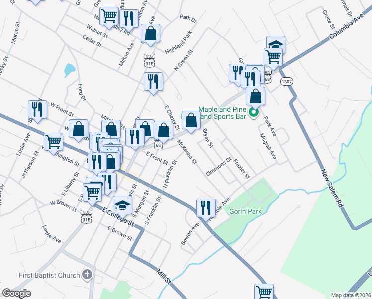 map of restaurants, bars, coffee shops, grocery stores, and more near 398 North Franklin Street in Glasgow