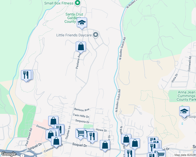 map of restaurants, bars, coffee shops, grocery stores, and more near 3881 Winkle Avenue in Santa Cruz