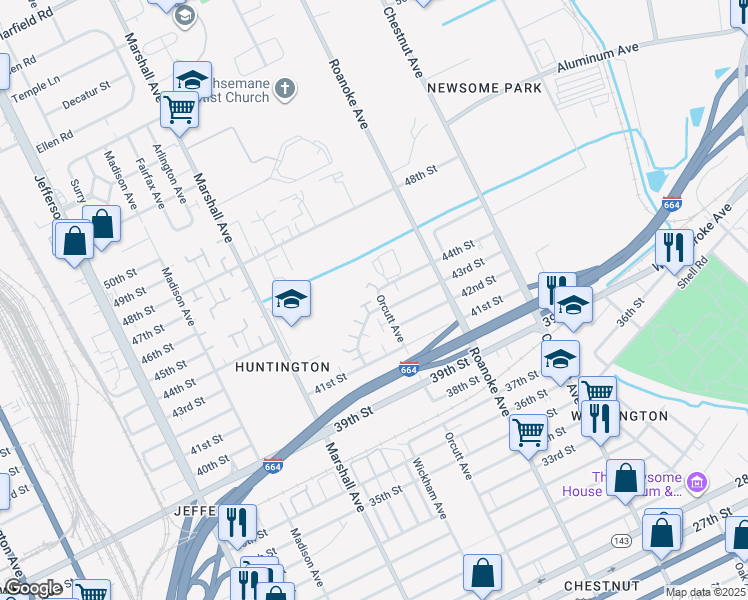 map of restaurants, bars, coffee shops, grocery stores, and more near 4547 Orcutt Avenue in Newport News