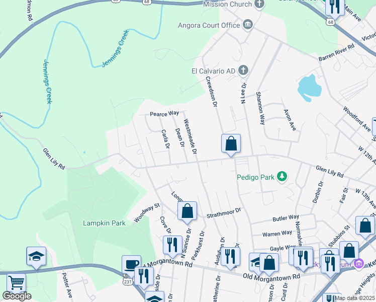 map of restaurants, bars, coffee shops, grocery stores, and more near 1201-1299 Westmeade Dr in Bowling Green