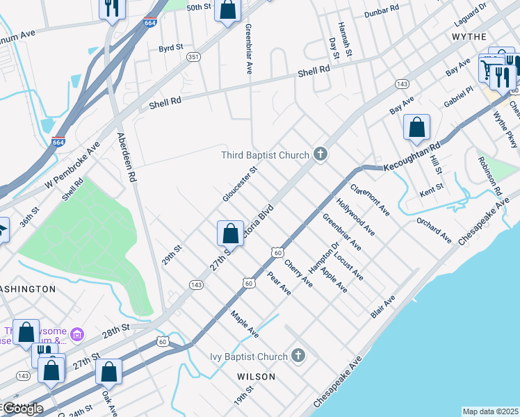 map of restaurants, bars, coffee shops, grocery stores, and more near 907 Victoria Boulevard in Hampton
