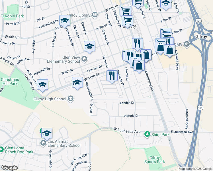 map of restaurants, bars, coffee shops, grocery stores, and more near 500 West 10th Street in Gilroy