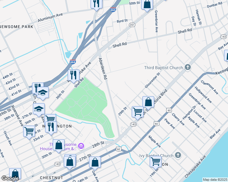 map of restaurants, bars, coffee shops, grocery stores, and more near 506 Pine Avenue in Newport News