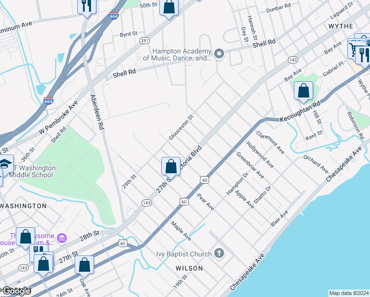 map of restaurants, bars, coffee shops, grocery stores, and more near 369 Hobson Avenue in Hampton