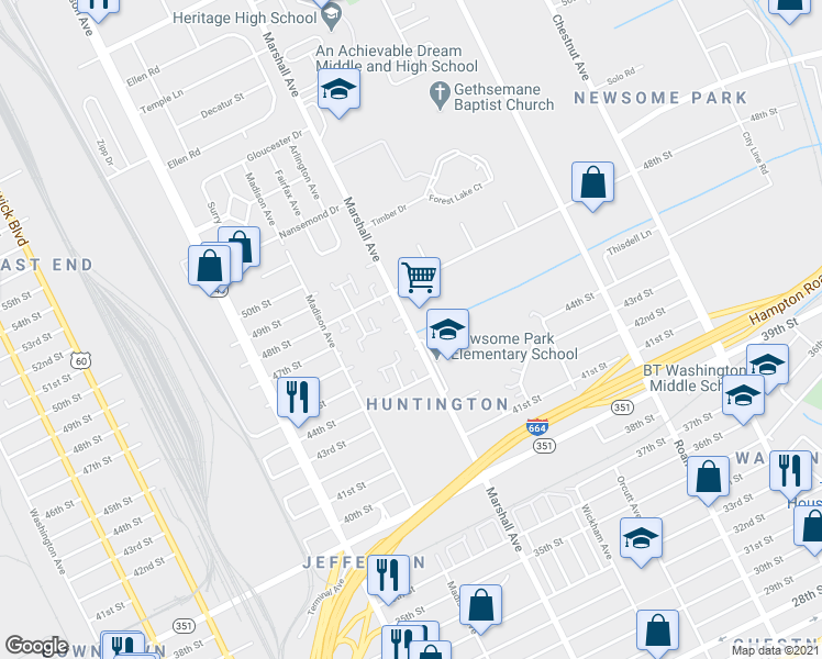 map of restaurants, bars, coffee shops, grocery stores, and more near 4613 Marshall Avenue in Newport News