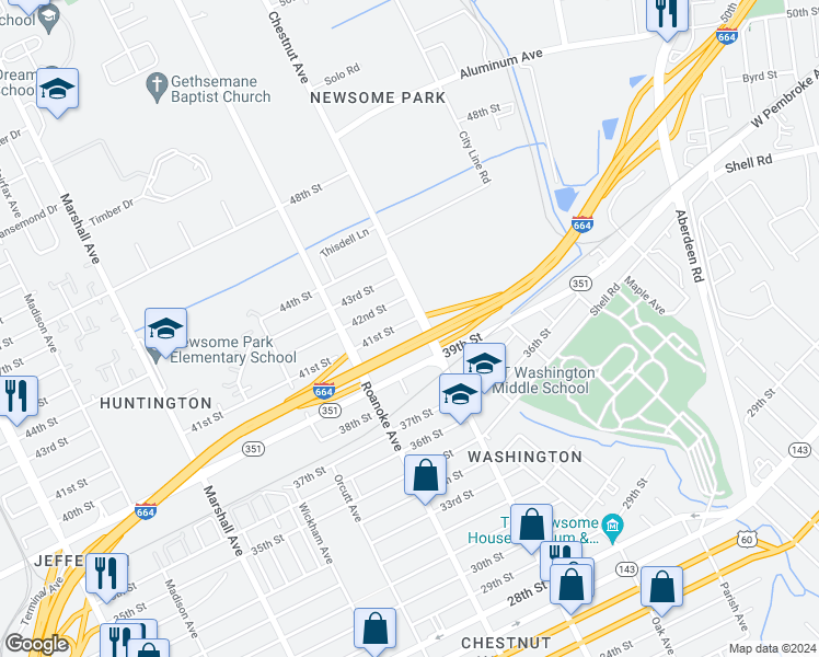 map of restaurants, bars, coffee shops, grocery stores, and more near 1152 41st Street in Newport News