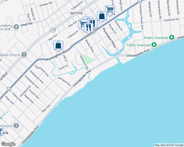 map of restaurants, bars, coffee shops, grocery stores, and more near 2200 Chesapeake Avenue in Hampton
