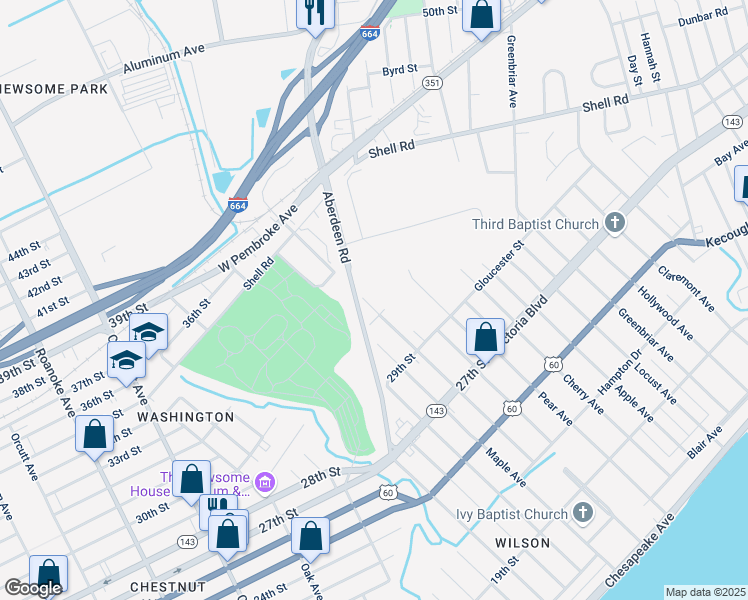 map of restaurants, bars, coffee shops, grocery stores, and more near 506 Pine Avenue in Newport News