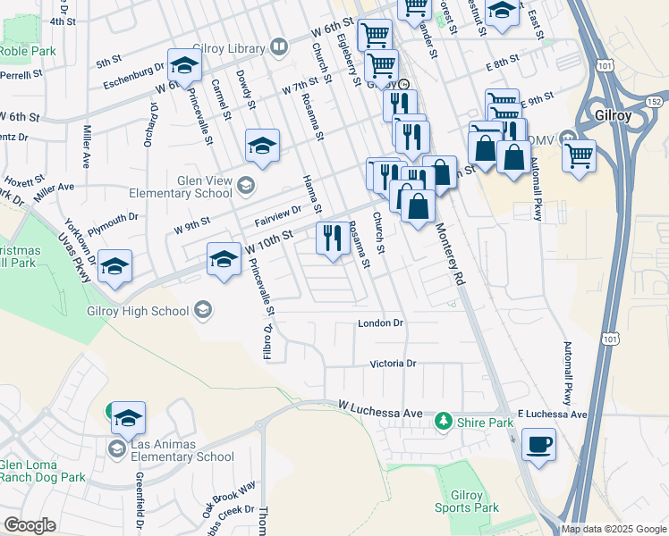 map of restaurants, bars, coffee shops, grocery stores, and more near 500 West 10th Street in Gilroy