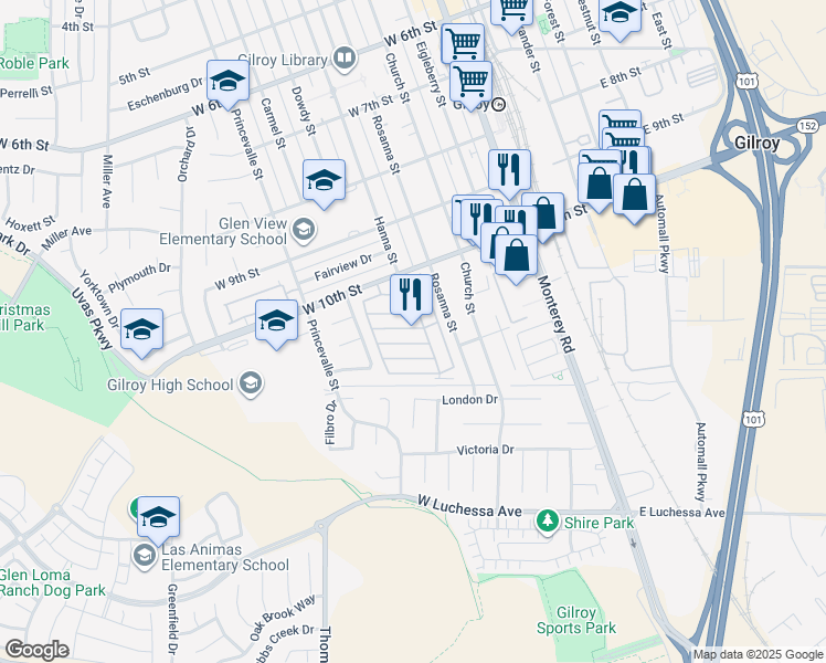 map of restaurants, bars, coffee shops, grocery stores, and more near 500 West 10th Street in Gilroy