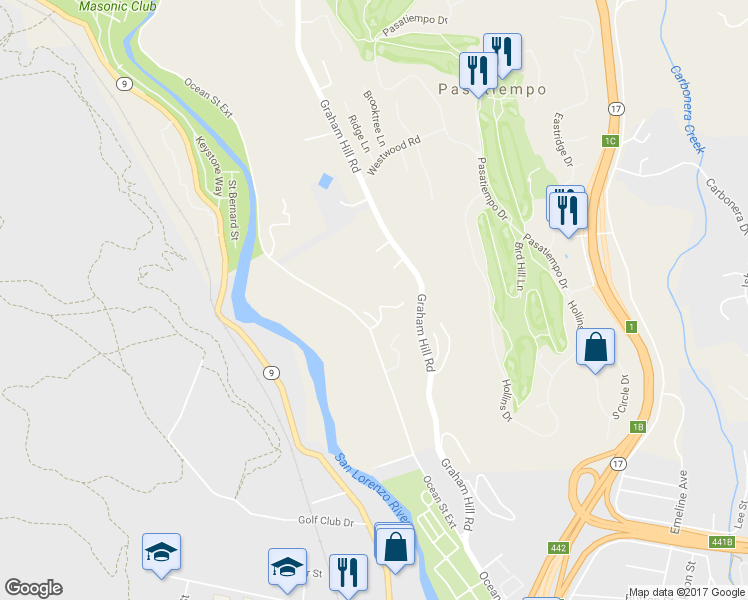 map of restaurants, bars, coffee shops, grocery stores, and more near 5 Monte Verde Heights in Santa Cruz