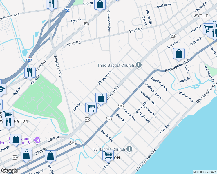 map of restaurants, bars, coffee shops, grocery stores, and more near 371 Hobson Avenue in Hampton