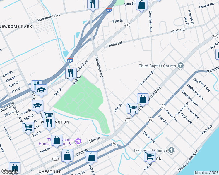 map of restaurants, bars, coffee shops, grocery stores, and more near 508 Pine Avenue in Newport News