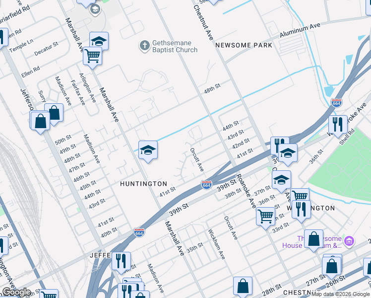 map of restaurants, bars, coffee shops, grocery stores, and more near 4547 Orcutt Avenue in Newport News