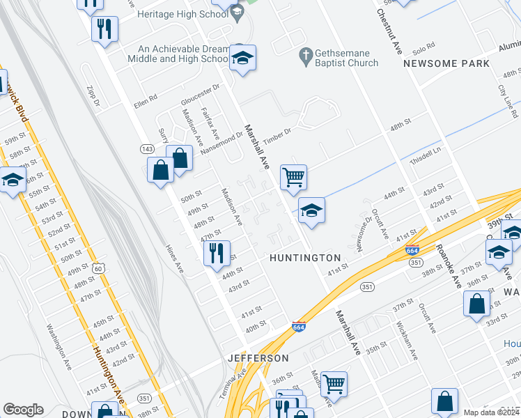 map of restaurants, bars, coffee shops, grocery stores, and more near 4721 Rochester Court in Newport News