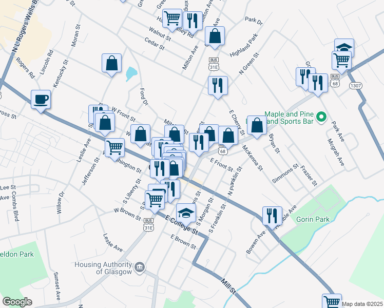 map of restaurants, bars, coffee shops, grocery stores, and more near 100 West Front Street in Glasgow