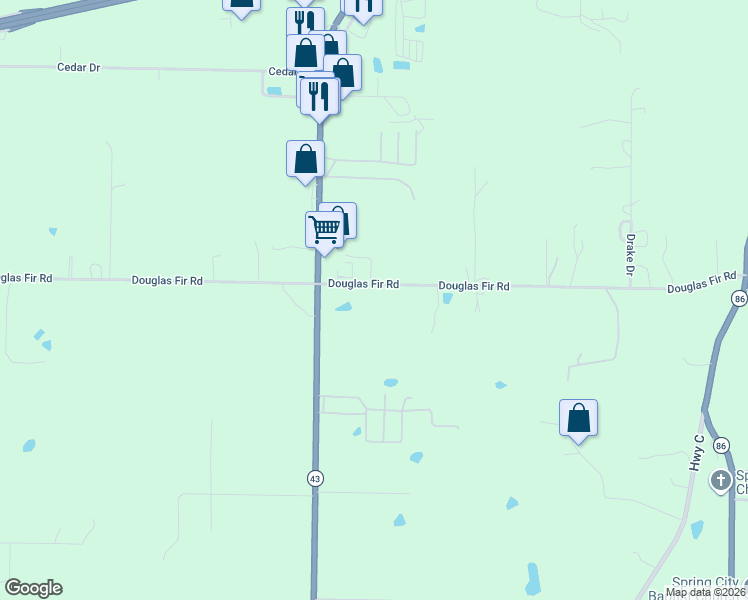 map of restaurants, bars, coffee shops, grocery stores, and more near 5097 Douglas Fir Road in Joplin
