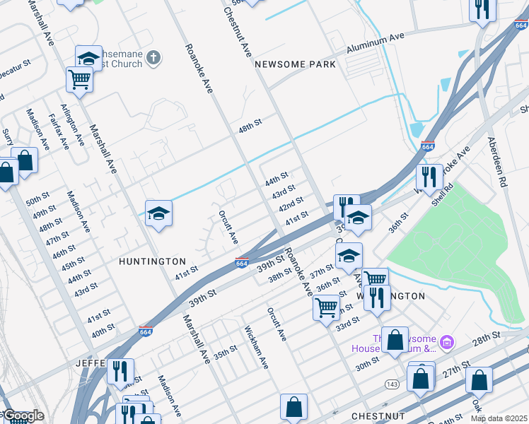 map of restaurants, bars, coffee shops, grocery stores, and more near 4203 Roanoke Avenue in Newport News