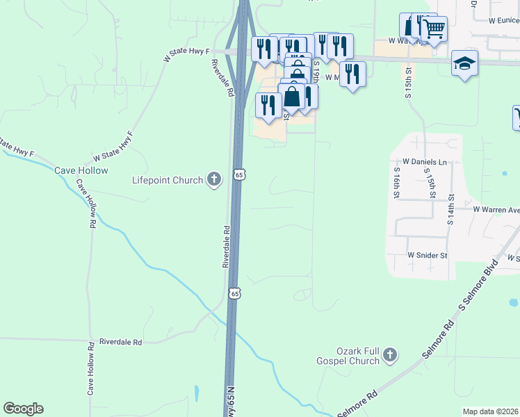 map of restaurants, bars, coffee shops, grocery stores, and more near 2003 South 19th Street in Ozark