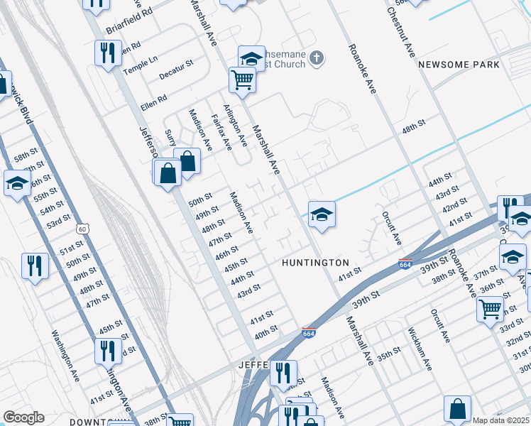 map of restaurants, bars, coffee shops, grocery stores, and more near 4603 Rochester Court in Newport News