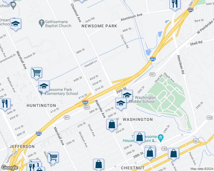 map of restaurants, bars, coffee shops, grocery stores, and more near 1152 41st Street in Newport News