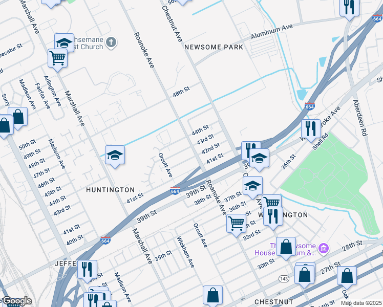 map of restaurants, bars, coffee shops, grocery stores, and more near 4203 Roanoke Avenue in Newport News