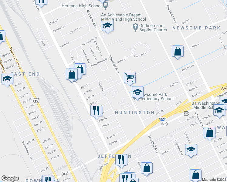 map of restaurants, bars, coffee shops, grocery stores, and more near 4611 Rochester Court in Newport News
