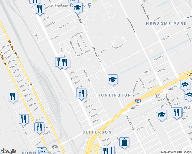 map of restaurants, bars, coffee shops, grocery stores, and more near 4621 Rochester Court in Newport News