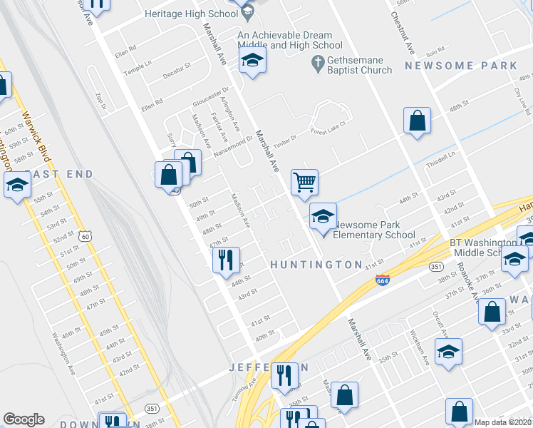 map of restaurants, bars, coffee shops, grocery stores, and more near 4619 Rochester Court in Newport News