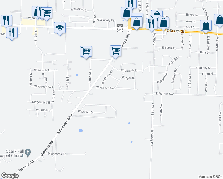 map of restaurants, bars, coffee shops, grocery stores, and more near 500 West Warren Avenue in Ozark